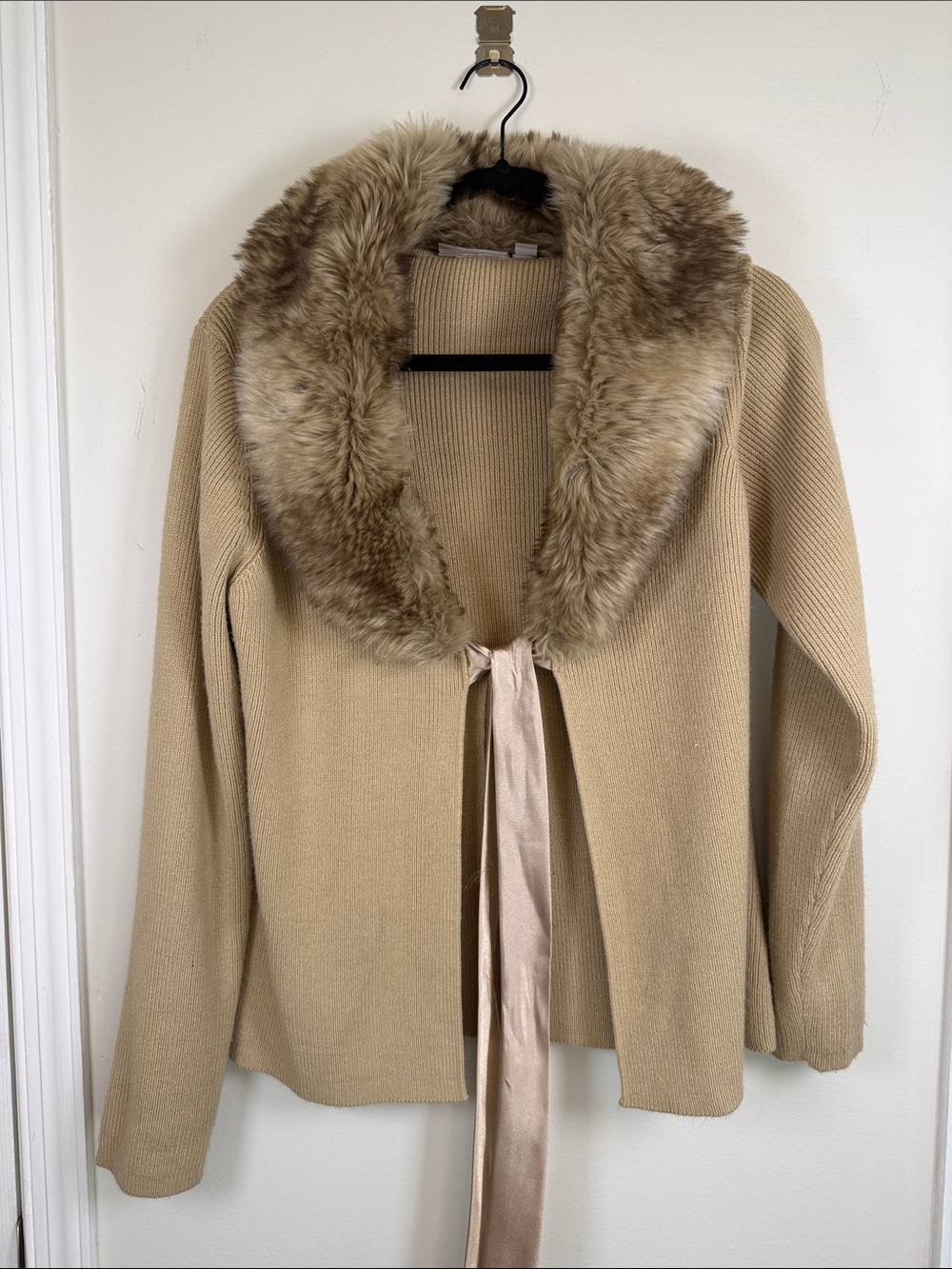 Croft & Barrow Removable Faux Fur Collar Tie Front Cardigan Sweater Medium Beige